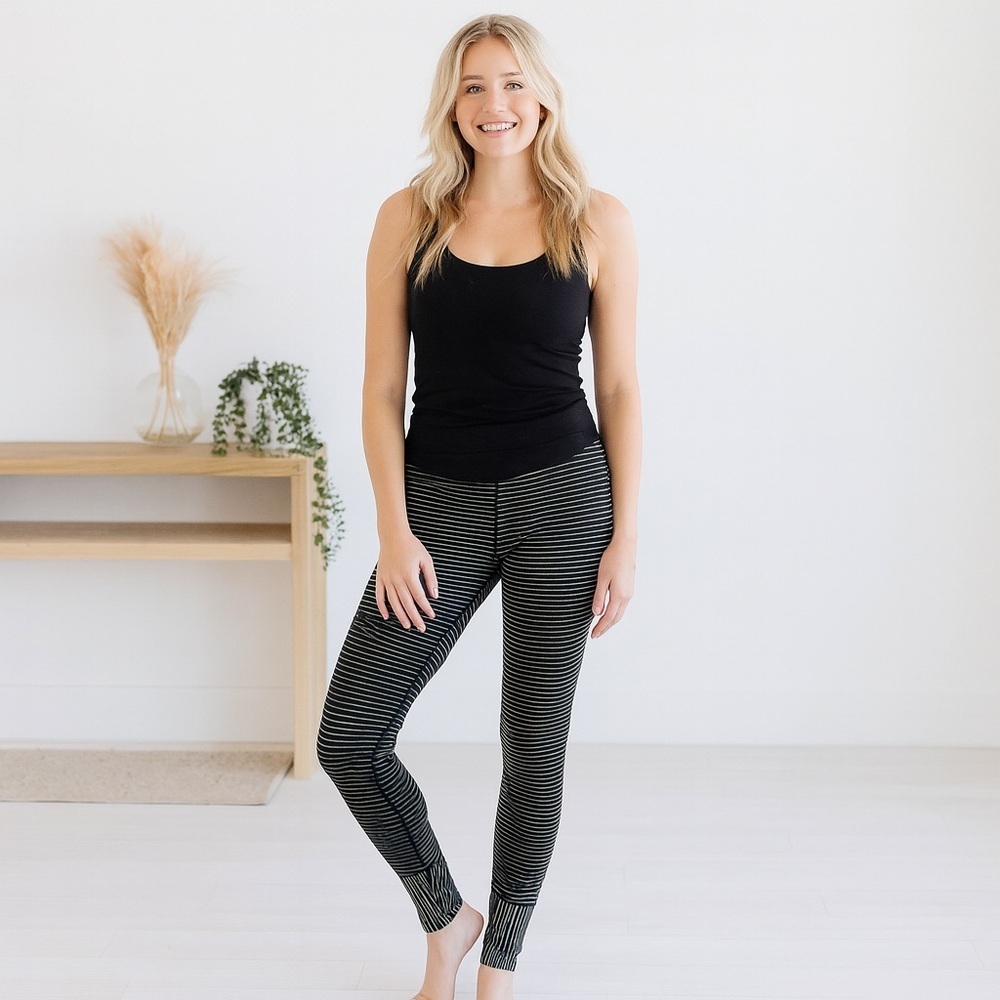 Prana Space Dye Leggings Black Neon Green Stripe Pull On Yoga Pants XS